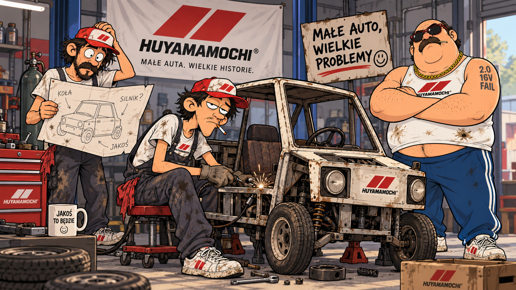Warsztat Huyamamochi z mechanikami i pojazdem na podnośniku